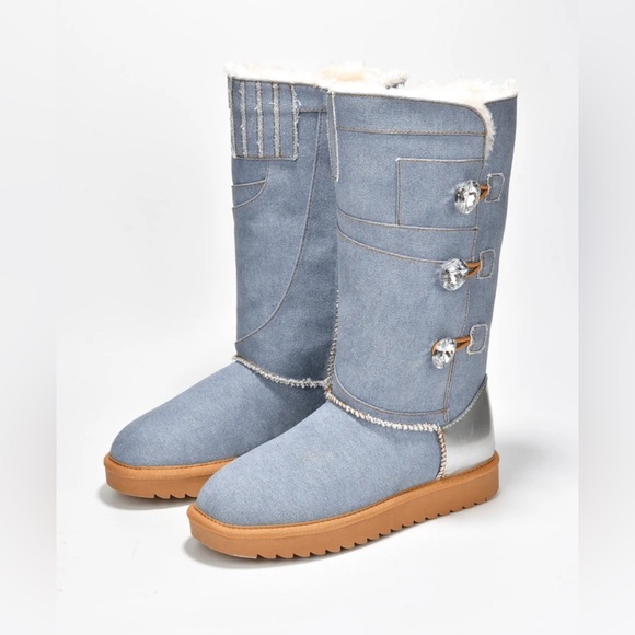Fur-Lined Denim Booties W/ Lug Sole Round Toe, Metallic Snow Boots Low Heel - Picture 2 of 10